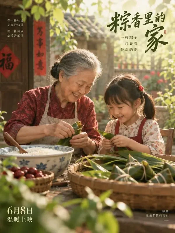 短剧《十里稻香》海报:夕阳下祖孙俩走过稻香弥漫的金色田野