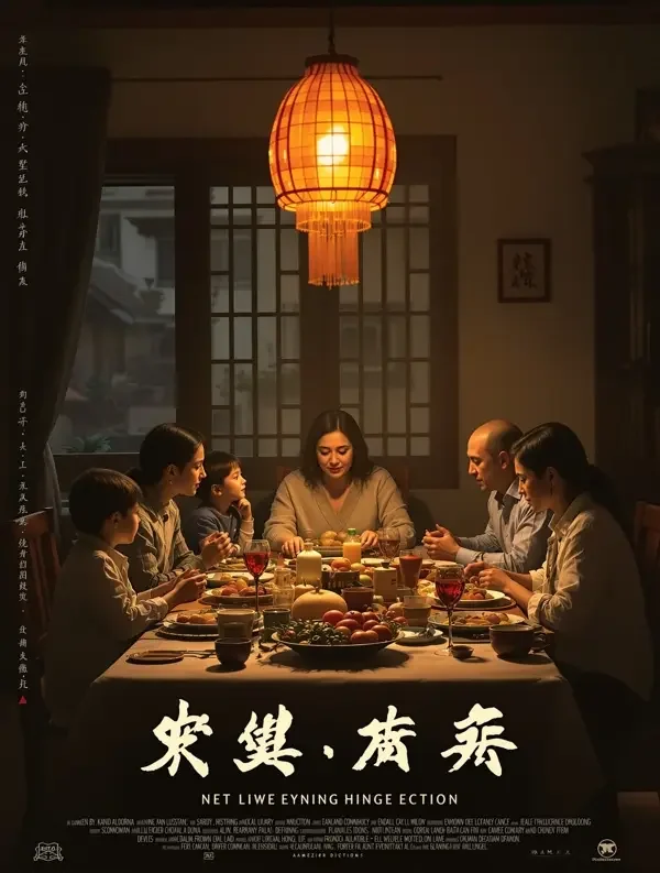 短剧《归仓》海报:粮仓暖灯下一家人围坐的温馨画面