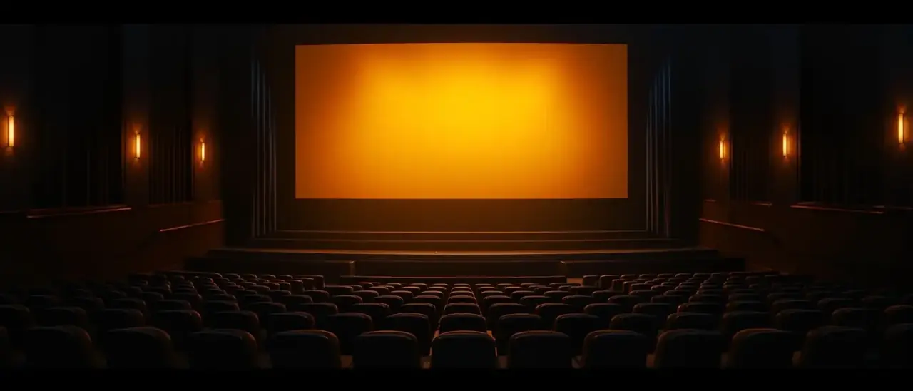 影像剧场页面横幅：暖光洒落的复古影院放映厅