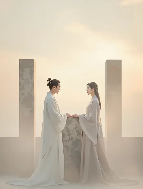 短剧《稻浪与晚风》海报:晚风中的稻浪与两道剪影