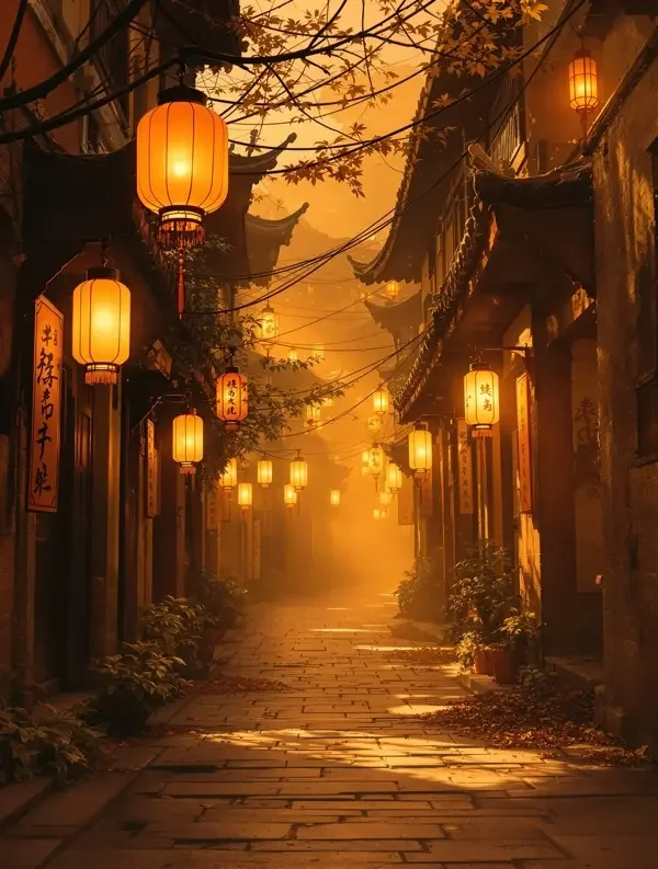 短剧《旧巷灯火》海报:灯笼照亮的旧巷里飘落的秋叶